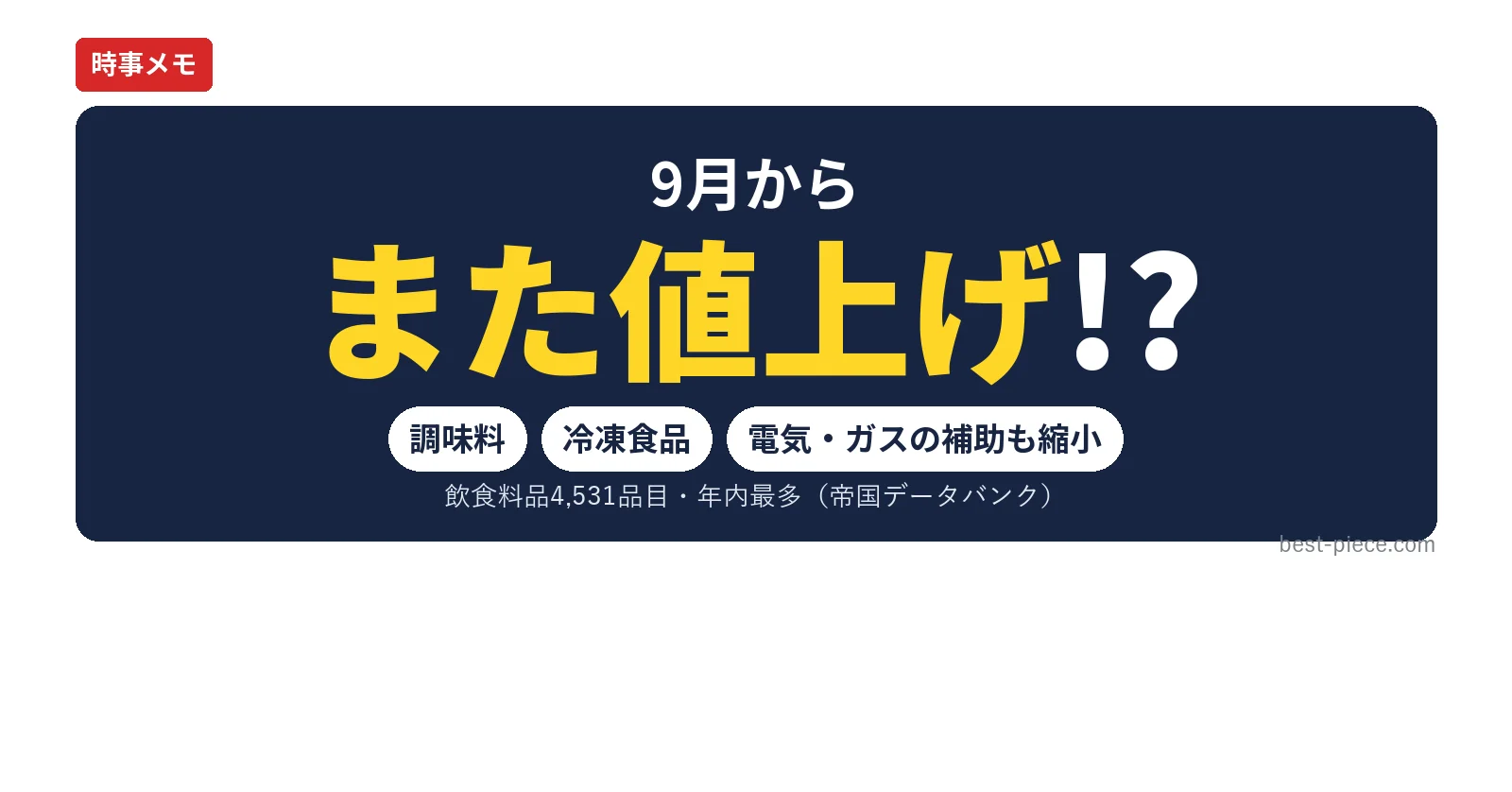 9月からまた値上げ!? 調味料・冷凍食品・電気ガス補助の縮小（時事メモ）