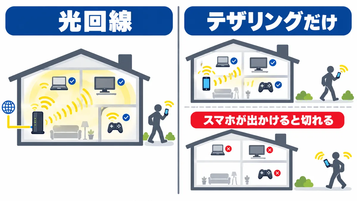 光回線とテザリングだけの比較図。光回線はスマホを持って出かけても家の機器がつながったまま、テザリングだけはスマホが出かけると家のパソコン・テレビ・ゲーム機が切れる