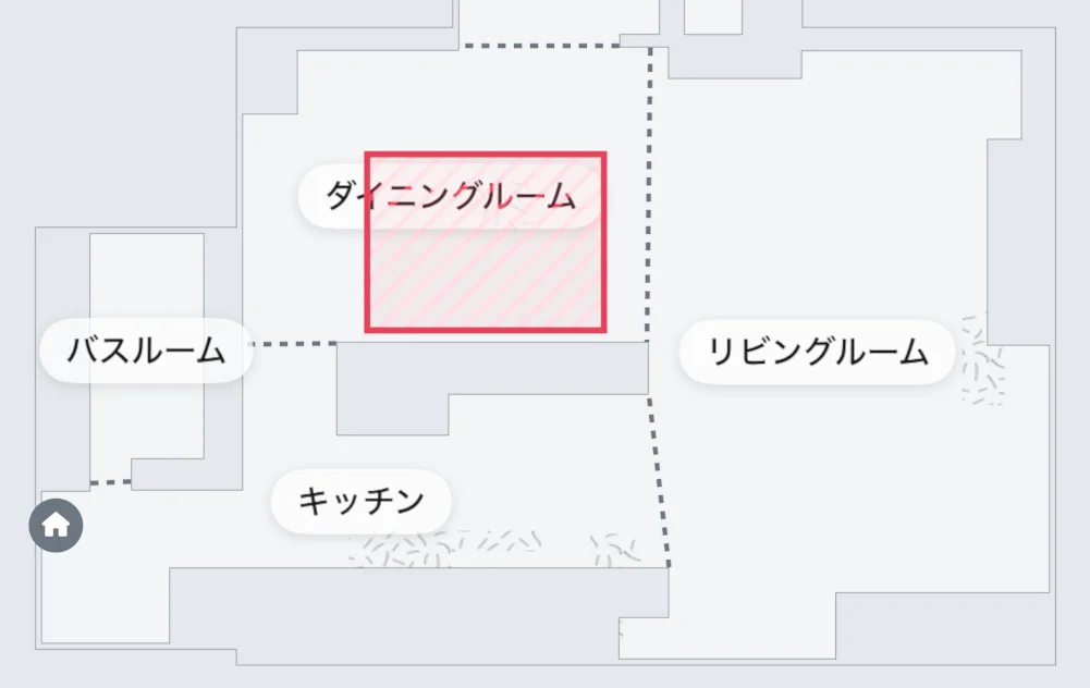 iRobot HOMEアプリの地図。ダイニングに赤い四角の進入禁止エリアが設定されている