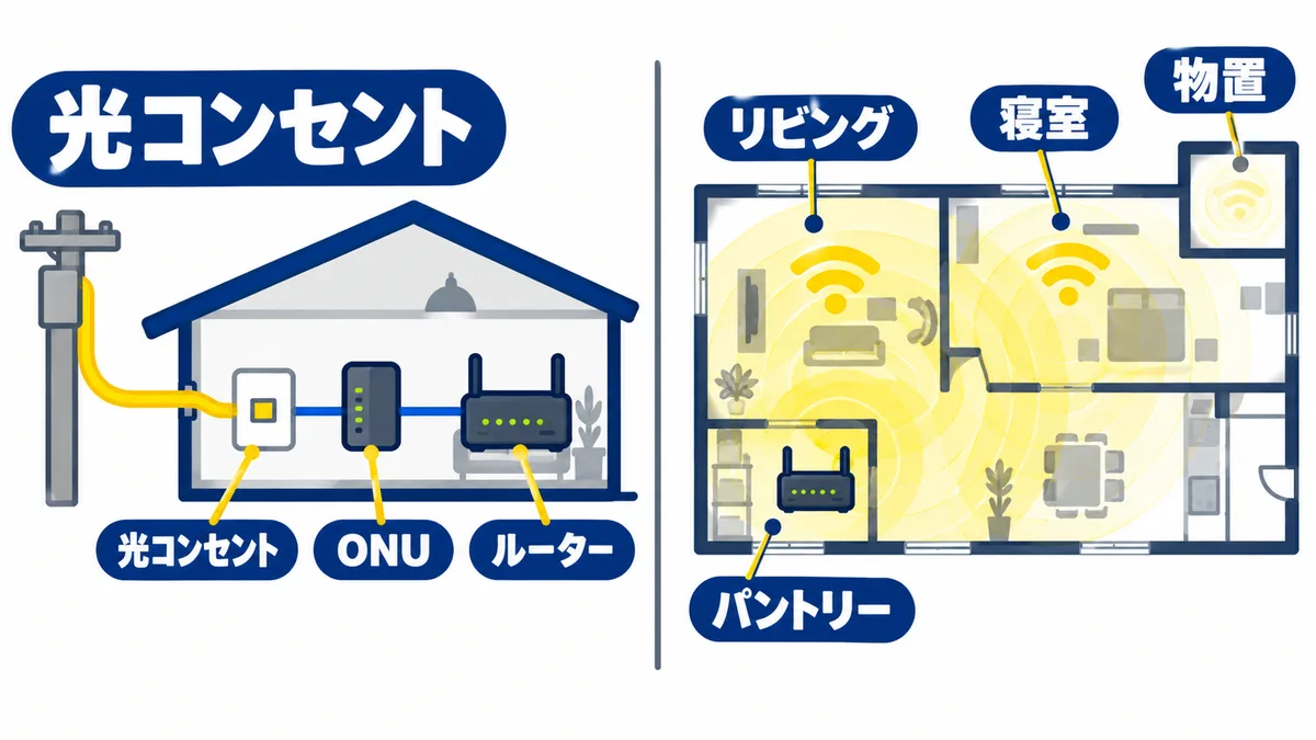 光コンセントの説明図。電柱から引き込んだ光ケーブルが壁の光コンセントにつながり、ONU、ルーターへ。右は平屋の間取りで、パントリーのルーターからWi-Fiがリビングと寝室に届き、奥の物置だけ弱い