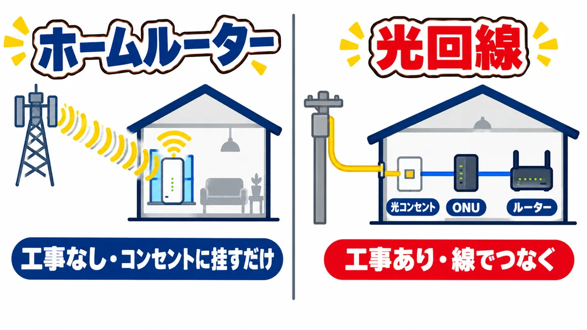 ホームルーターと光回線の比較図。ホームルーターは携帯電話の基地局の電波を受けて工事なし・コンセントに挿すだけ、光回線は電柱から光ケーブルを引き込み光コンセント・ONU・ルーターを線でつなぐ（工事あり）